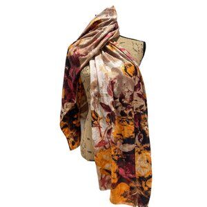 Cashmere Floral Print Scarf Wrap Shawl Beige Red Orange Abstract Lightweight